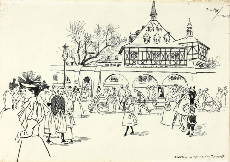 Sketch in the Midway Plaisance, 1893, Philipp William May, English, 1864-1903, England, Pen and black ink over traces of graphite on ivory wove paper, laid down on tan board, 189 × 265 mm