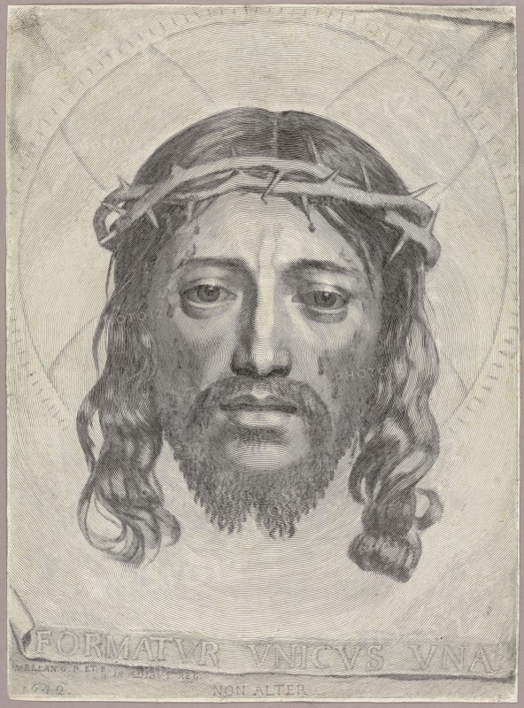 The Sudarium of Saint Veronica, 1649, Claude Mellan, French, 1598-1688, France, Engraving in black on buff laid paper, 433 × 316 mm (plate), 436 × 319 mm (sheet)
