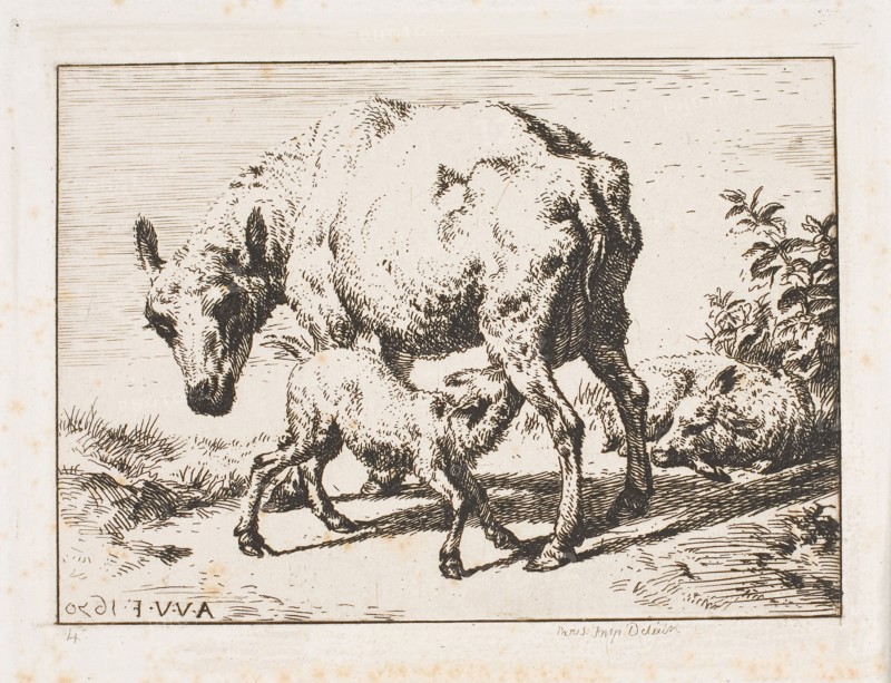 The Ewe with Two Lambs, 1850, Charles Meryon (French, 1821-1868), after Adriaen van de Velde (Dutch, 1636-1672), France, Etching and engraving on ivory wove paper, 61.5 × 93 mm (image), 80 × 103 mm (plate), 321 × 240 mm (sheet)