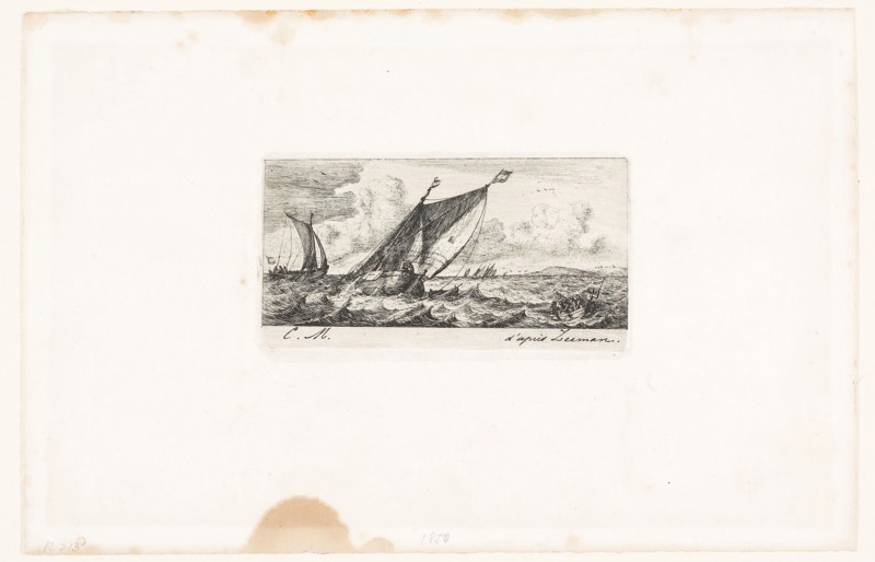 Haarlem Boats in Amsterdam, 1850, Charles Meryon (French, 1821-1868), after Reinier Nooms (Dutch, c. 1623-c. 1664), France, Etching, engraving and roulette on ivory chine, laid down on ivory wove paper, 63 × 123 mm (image), 64 × 123 mm (plate), 68 × 120 mm (primary support), 178 × 278 mm (secondary support)