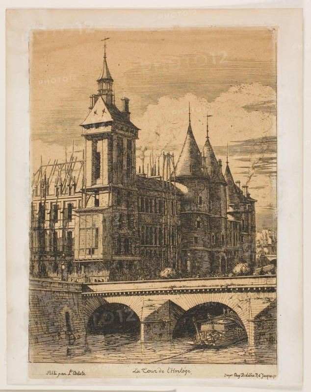 The Clock Tower, Paris, 1852, Charles Meryon (French, 1821-1868), printed by Auguste Delâtre (French, 1822-1907), published by L’Artiste (French, 1831-1904), France, Etching and engraving on tan wove chine, laid down on ivory wove paper, 255 × 182 mm (image), 264 × 188 mm (plate), 259 × 184 mm (primary support), 277 × 218 mm (secondary support)
