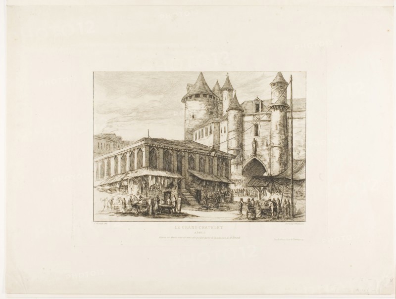 The Grand Châtelet, Paris, c. 1780, after an earlier drawing, 1861, Charles Meryon (French, 1821-1868), printed by Pierron (French, 19th century), published by Rochoux (French, 19th century), France, Etching and drypoint on ivory laid paper, 176 × 250 mm (image), 233 × 298 mm (plate), 338 × 454 mm (sheet)