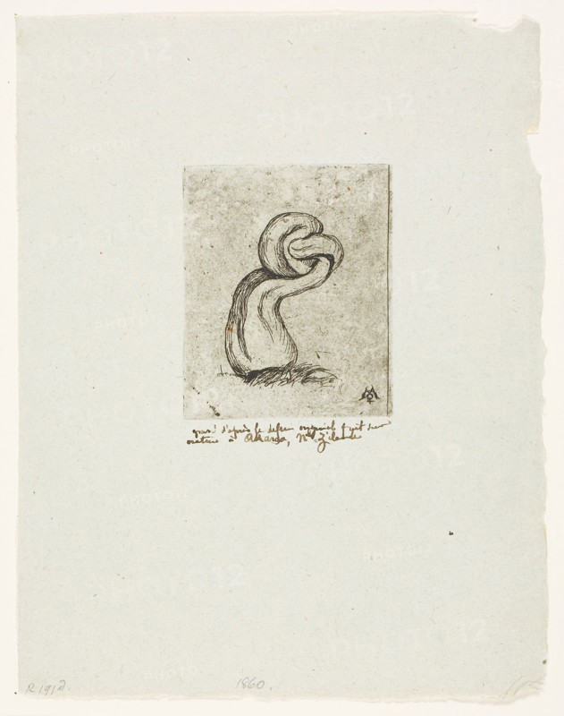 The Sickly Cryptogam, 1860, Charles Meryon, French, 1821-1868, France, Etching with plate tone on blue-green laid paper with violet and red fibres, 71 × 59 mm (image), 71 × 59 mm (plate), 193 × 151 mm (sheet)
