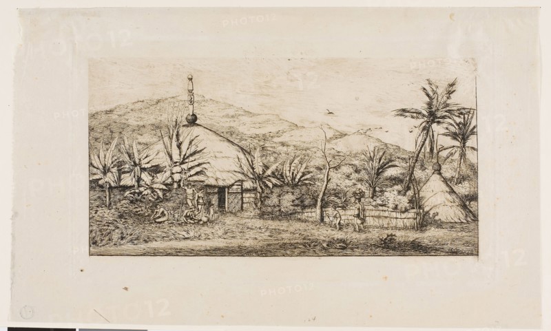 New Caledonia: Large Native Hut on the Road from Balade to Puépo, 1845, 1863, Charles Meryon, French, 1821-1868, France, Etching with burnishing, scraping and drypoint in warm black ink on ivory laid paper, 116 × 227 mm (image), 141 × 246 mm (plate), 185 × 311 mm (sheet)