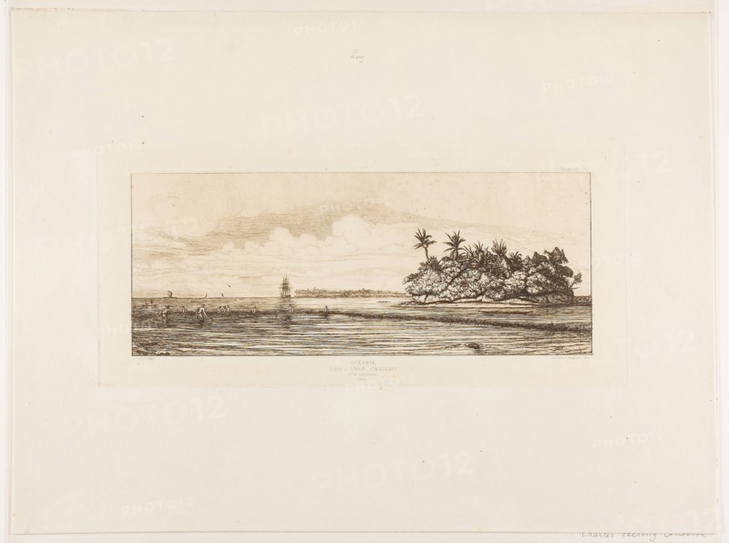 Oceania: Fishing, Near Islands with Palms in the Uea or Wallis Group, 1845, 1863, Charles Meryon (French, 1821-1868), printed by Pierron (French, 19th century), France, Etching and drypoint on ivory laid paper, 119 × 298 mm (image), 158 × 339 mm (plate), 334 × 456 mm (sheet)