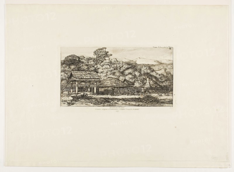 Native Barns and Huts at Akaroa, Banks’ Peninsula, 1845, 1865, Charles Meryon, French, 1821-1868, France, Etching with drypoint on ivory laid paper, 127 × 239 mm (image), 135 × 242 mm (plate), 329 × 449 mm (sheet, folded)