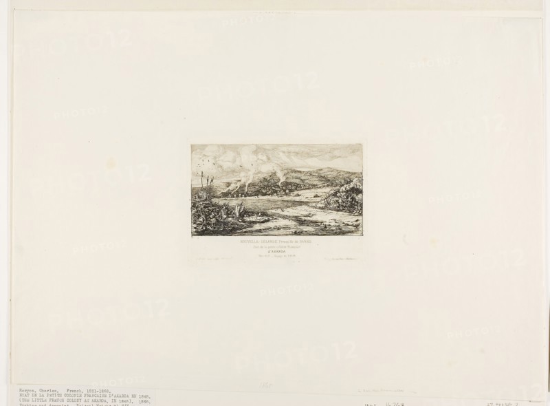 The Little French Colony at Akaroa, 1845, 1865, Charles Meryon, French, 1821-1868, France, Etching on ivory laid paper, 106 × 152 mm (image, including stray marks), 111 × 153 mm (plate), 324 × 451 mm (sheet, folded)