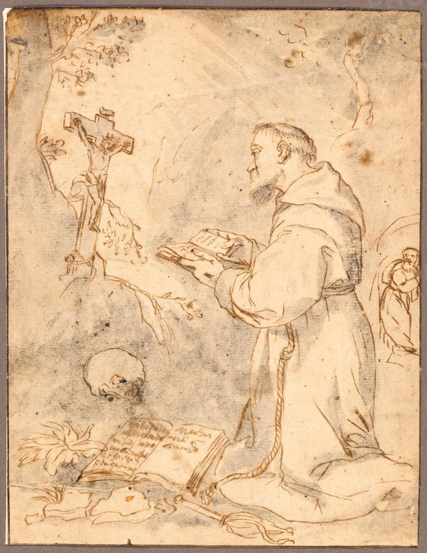 Saint Francis Praying, n.d., Possibly after Bartolomé Estéban Murillo, Spanish, 1618-1682, Spain, Pen and brown ink with brush and gray wash, on cream laid paper, 222 x 171 mm