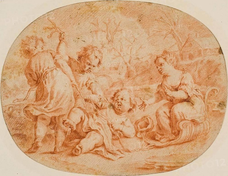 Allegorical Scene with Children Quarreling, n.d., Attributed to Jean Marc Nattier (French, 1685-1766), or Jean-Baptiste Nattier (French, 1678-1726), France, Red chalk on buff laid paper (oval), perimeter mounted on board, 152 × 197 mm