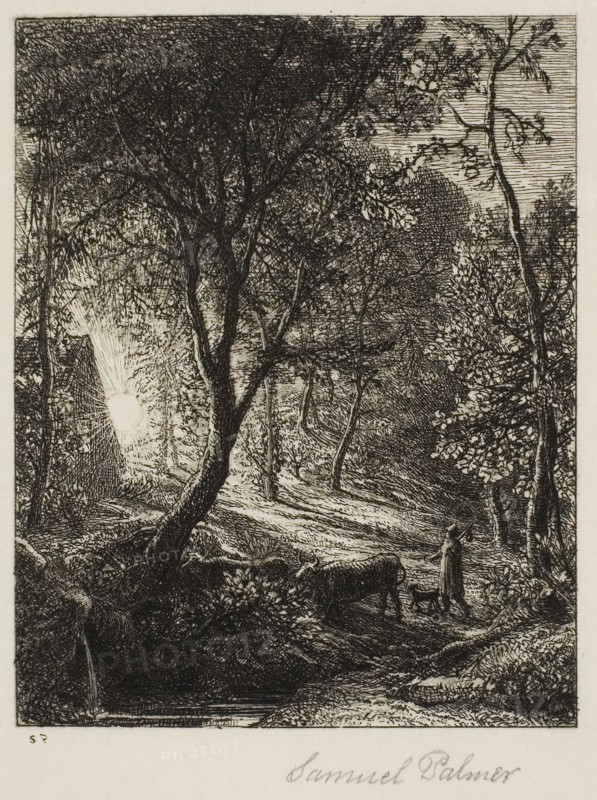 Sunset, c. 1850, Samuel Palmer, English, 1805-1881, England, Etching on paper, 97 × 77 mm (image), 103 × 124 mm (plate), 351 × 264 mm (sheet)