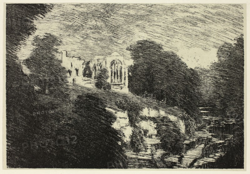 Egglestone Abbey, from the River, 1899, Joseph Pennell, American, 1857-1926, United States, Auto-lithograph on ivory wove paper, 181 x 261 mm (image), 184 x 263 mm (sheet)