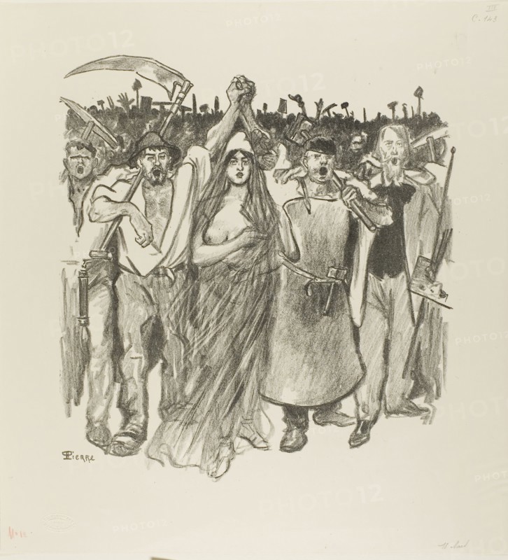 March 18, 1894, Théophile-Alexandre Steinlen (French, born Switzerland, 1859-1923), published by Edouard Kleinmann (French, 1844-1927), France, Lithograph printed in black with 5 stenciled colors (blue, green, gold, red and tan) on cream wove paper, 360 × 323 mm (image), 451 × 382 mm (sheet)