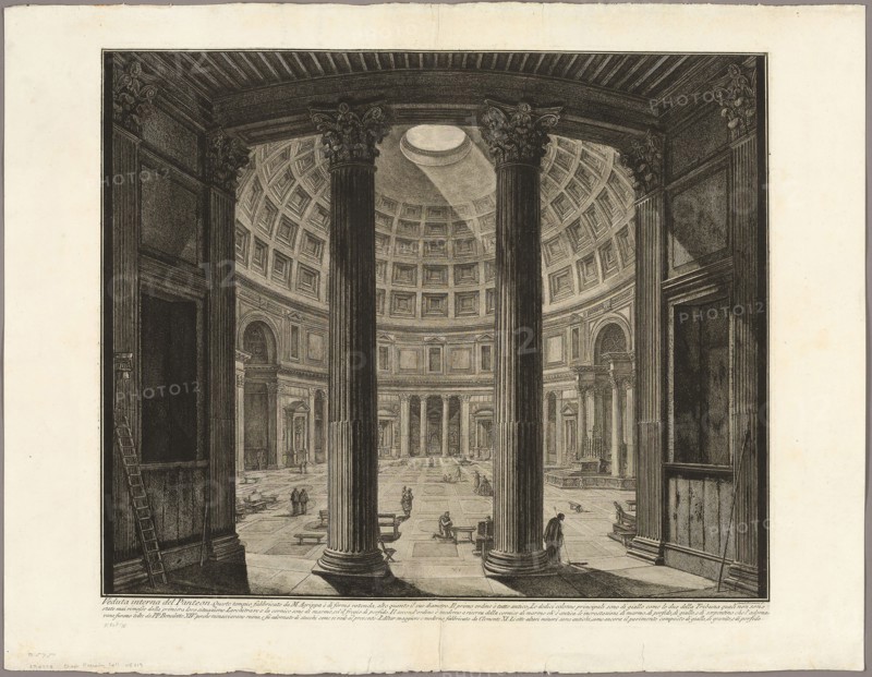 Interior view of the Pantheon, from Views of Rome, 1768, published 1800–07, Giovanni Battista Piranesi (Italian, 1720-1778), published by Francesco (Italian, 1758-1810) and Pietro Piranesi (Italian, born 1758/9), Italy, Etching on heavy ivory laid paper, 458 x 559 mm (image), 482 x 564 mm (plate), 557 x 720 mm (sheet)