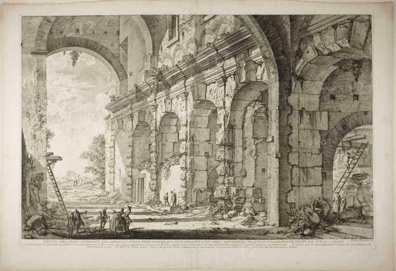 View of the upper storey of the Cages for Wild Animals built by the Emperor Domitian, associated with the Flavian Amphitheater and commonly called the Curia Hostilia, from Views of Rome, 1750/59, Giovanni Battista Piranesi, Italian, 1720-1778, Italy, Etching on heavy ivory laid paper, 383 x 601 mm (image), 405 x 608 mm (plate), 461 x 674 mm (sheet)
