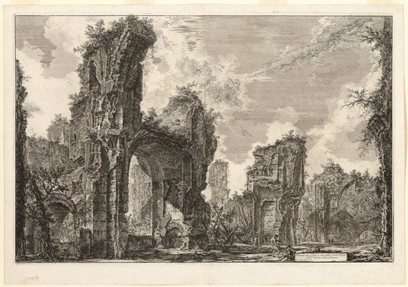 Ruins of the Xystus [a long open portico used for athletic exercises], the central hall of the Antonine Baths [The Baths of Caracalla], from Views of Rome, 1765, Giovanni Battista Piranesi, Italian, 1720-1778, Italy, Etching on heavy ivory laid paper, 425 x 650 mm (image), 430 x 656 mm (plate), 481 x 690 mm (sheet)