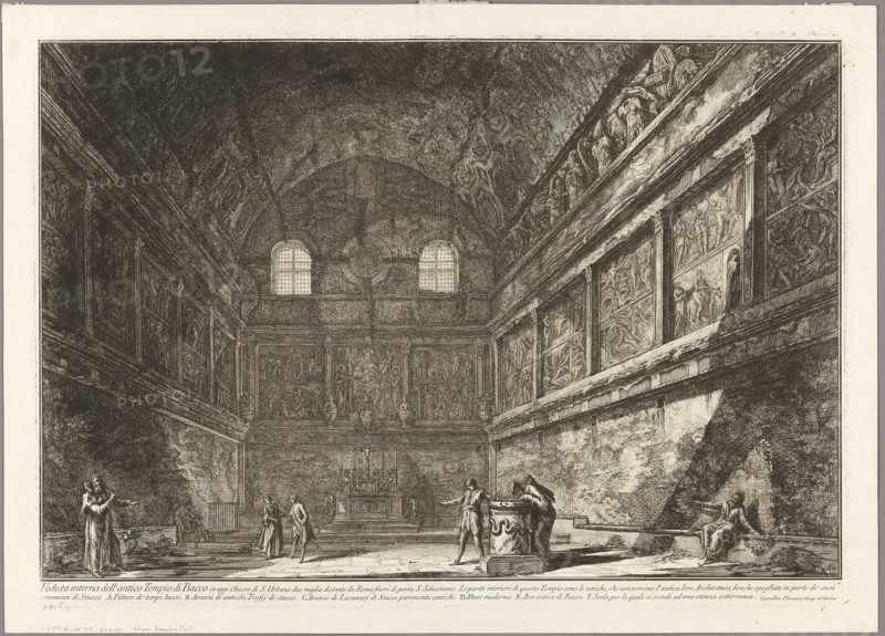 Interior view of the ancient Temple of Bacchus, now the church of S. Urbano, two miles from Rome, from Views of Rome, 1767, Giovanni Battista Piranesi, Italian, 1720-1778, Italy, Etching on heavy ivory laid paper, 403 x 600 mm (image), 424 x 604 mm (plate), 469 x 653 mm (sheet)