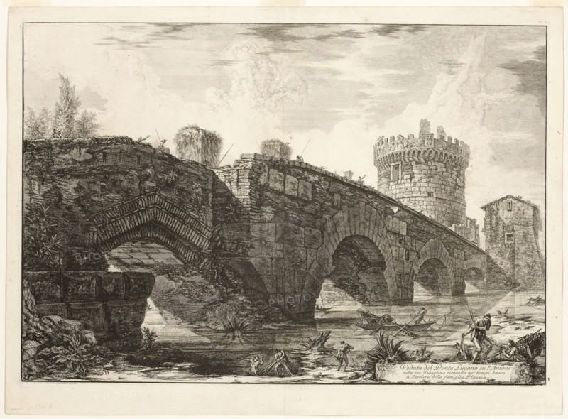 View of Ponte Lugano on the Anio, from Views of Rome, 1763, Giovanni Battista Piranesi, Italian, 1720-1778, Italy, Etching on heavy ivory laid paper, 450 x 658 mm (image), 458 x 665 mm (plate), 510 x 696 mm (sheet)