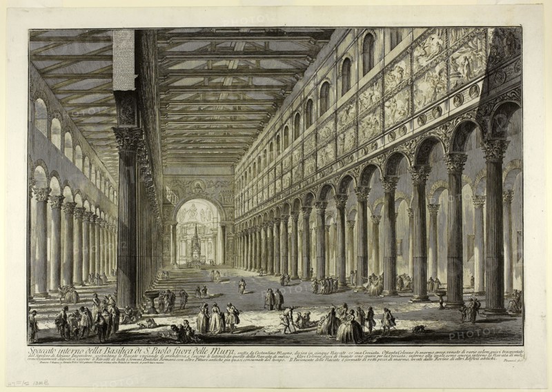 Cut-away view of the interior of the Basilica of S. Paolo fuori delle Mura [St. Paul outside the Walls], from Views of Rome, 1749, Giovanni Battista Piranesi, Italian, 1720-1778, Italy, Etching on heavy ivory laid paper, 392 x 609 mm (image), 415 x 613 mm (plate), 470 x 662 mm (sheet)