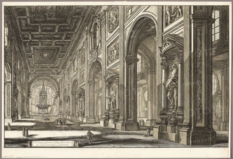 Interior view of the Basilica of St. John Lateran, from Views of Rome, 1768, Giovanni Battista Piranesi, Italian, 1720-1778, Italy, Etching on ivory laid paper, 428 x 679 mm (image), 472 x 694 mm (sheet)
