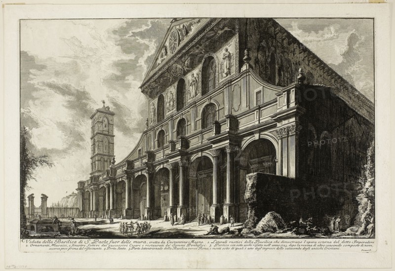 View of the Basilica of S. Paolo fuori delle Mura [St. Paul outside the Walls], built by Constantine the Great, from Views of Rome, 1750/59, Giovanni Battista Piranesi, Italian, 1720-1778, Italy, Etching on heavy ivory laid paper, 379 x 612 mm (image), 405 x 617 mm (plate), 458 x 665 mm (sheet)