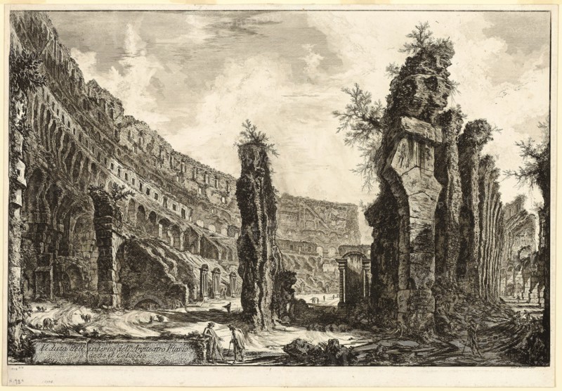 Interior view of the Flavian Amphitheater, called the Colosseum, from Views of Rome, 1766, Giovanni Battista Piranesi, Italian, 1720-1778, Italy, Etching on ivory laid paper, 454 x 693 mm (image), 487 x 707 mm (sheet)