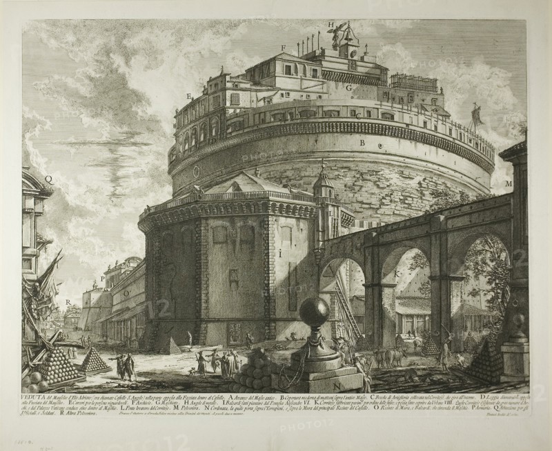 View of the Mausoleum of the Emperor Hadrian (now called Castel Sant’Angelo) from the Rear, from Vedute di Roma (Views of Rome), 1750/59, Giovanni Battista Piranesi, Italian, 1720-1778, Italy, Etching in black on ivory laid paper, 412 x 557 mm (image), 440 x 561 mm (plate), 497 x 602 mm (sheet)