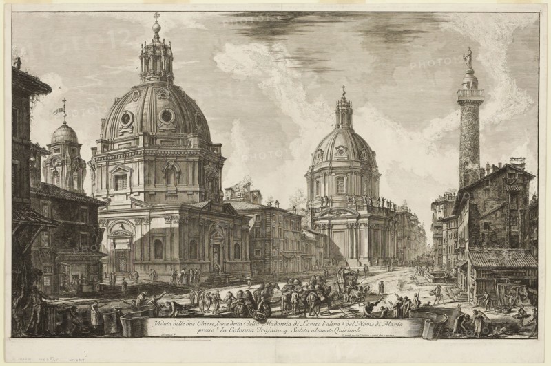 View of Two Churches, One Called 1. S. Maria di Loreto, the other 2. The Name of Mary, near 3. Trajan’s Column. 4. The ascent to the Quirinal, from Views of Rome, 1762, Giovanni Battista Piranesi, Italian, 1720-1778, Italy, Etching on heavy ivory laid paper, 424 x 684 mm (image), 430 x 688 mm (plate), 465 x 702 mm (sheet)
