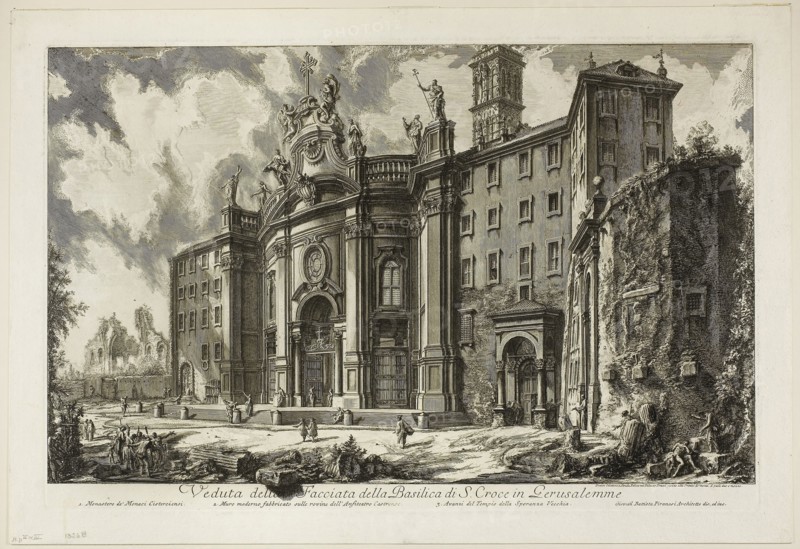 View of the Façade of the Basilica of S. Croce in Gerusalemme [the Holy Cross in Jerusalem], from Views of Rome, 1750/59, Giovanni Battista Piranesi, Italian, 1720-1778, Italy, Etching on heavy ivory laid paper, 380 x 611 mm (image), 406 x 617 mm (plate), 463 x 675 mm (sheet)
