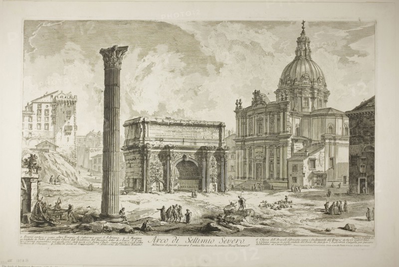 Arch of Septimius Severus through which passed the ancient Sacred Way, bringing victors to the Capitol, from Views of Rome, 1750/59, Giovanni Battista Piranesi, Italian, 1720-1778, Italy, Etching on heavy ivory laid paper, 356 x 585 mm (image), 379 x 590 mm (plate), 439 x 653 mm (sheet)
