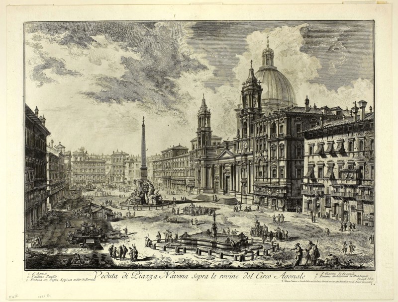 View of Piazza Navona above the ruins of the Circus of Domitian, from Views of Rome, 1750/59, Giovanni Battista Piranesi, Italian, 1720-1778, Italy, Etching on heavy ivory laid paper, 388 x 544 mm (image), 410 x 550 mm (plate), 458 x 597 mm (sheet)