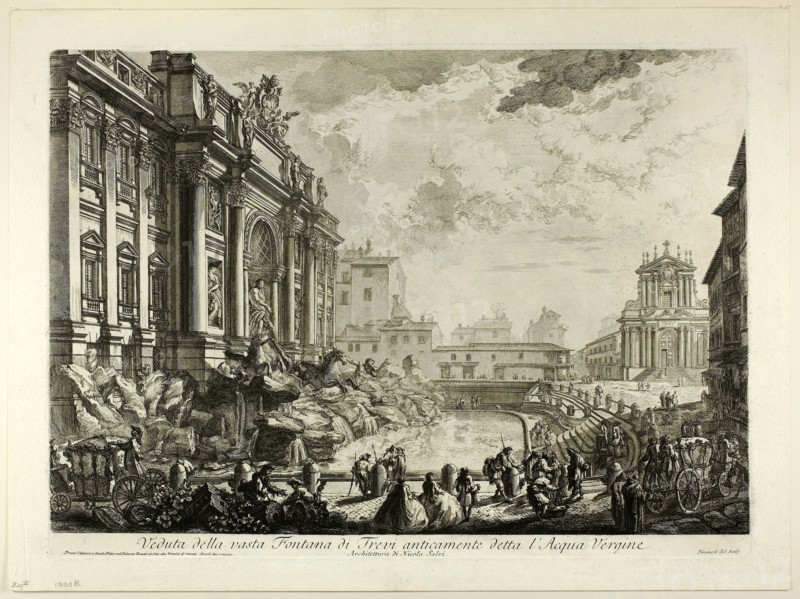 View of the large Trevi Fountain formerly called the Acqua Vergine, from Views of Rome, 1750/59, Giovanni Battista Piranesi, Italian, 1720-1778, Italy, Etching on heavy ivory laid paper, 381 x 549 mm (image), 401 x 550 mm (plate), 457 x 613 mm (sheet)