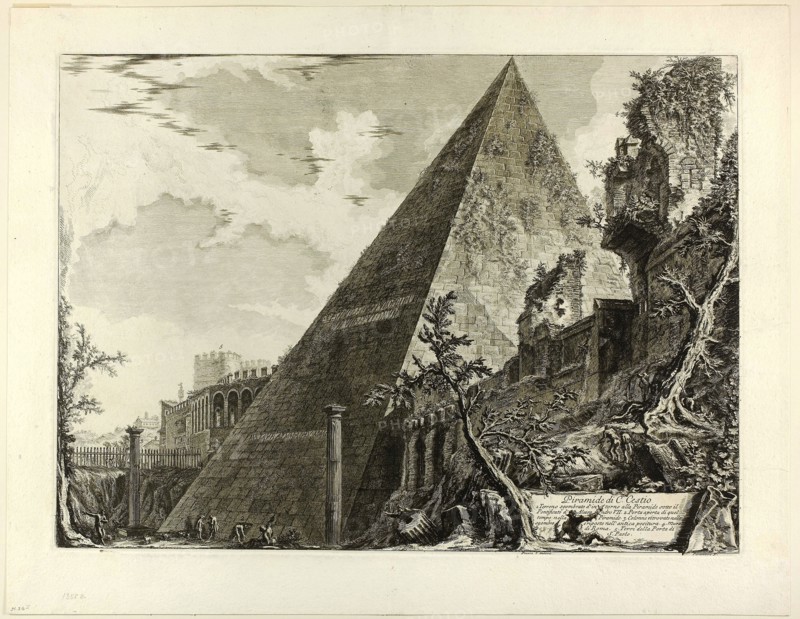 The Pyramid of Gaius Cestius, from Views of Rome, 1750/59, published 1800–07, Giovanni Battista Piranesi (Italian, 1720-1778), published by Francesco (Italian, 1758-1810) and Pietro Piranesi (Italian, born 1758/59), Italy, Etching on heavy ivory laid paper, 387 x 531 mm (image), 392 x 536 mm (plate), 475 x 609 mm (sheet)