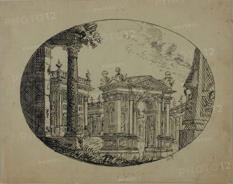 Roman Edifices, n.d., Unknown artist, Italian, 18th century, Italy, Pen and black ink over graphite, on cream laid paper, laid down on ivory laid paper, 180 x 227 mm