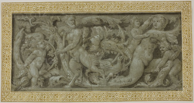 Frieze with Satyr, Nymph, and Putti, 1503/39, Circle of Giovanni Antonio de’Sacchis, called Il Pordenone, Italian, c. 1483-1539, Italy, Brush and brown ink and brown wash, heightened with lead white (partially oxidized), on blue laid paper pieced in center, edge mounted to cream laid paper with ornamental border in brush and gold paint, 124 x 267 mm (max.)