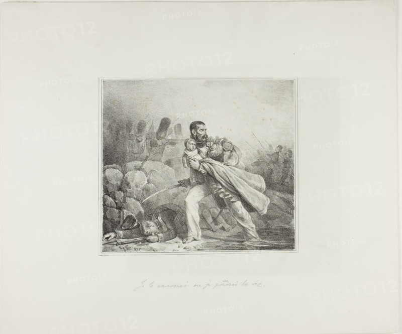I Will Save Him or Perish, 1825, Denis Auguste Marie Raffet, French, 1804-1860, France, Lithograph in black on off-white wove paper laid down on off-white wove paper, 175 × 196 mm (image, with first border), 179 × 202 mm (primary support), 338 × 400 mm (secondary support)