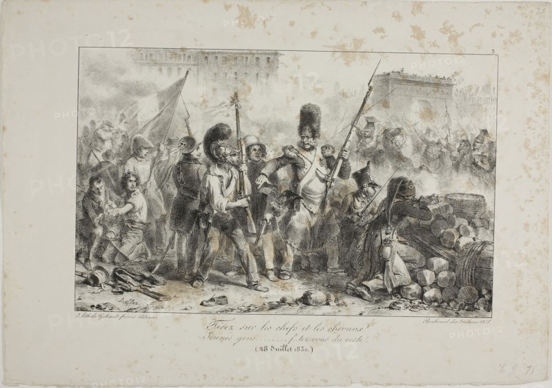 Fire on the Leaders and Cavalry…, 1830–31, Denis Auguste Marie Raffet (French, 1804-1860), printed by Chez Gihaut Frères (French, 19th century), France, Lithograph in black on ivory wove paper, 196 × 309 mm (image), 284 × 404 mm (sheet)