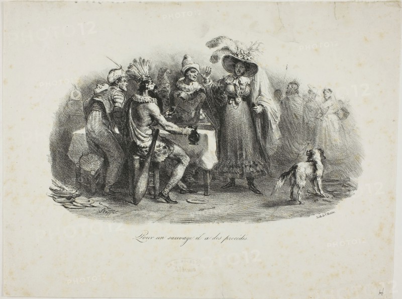 He Behaves for a Savage, 1830, Denis Auguste Marie Raffet (French, 1804-1860), printed by V. Ratier (French, 19th century), France, Lithograph in black on ivory wove paper, 128 × 217 mm (image), 201 × 268 mm (sheet)