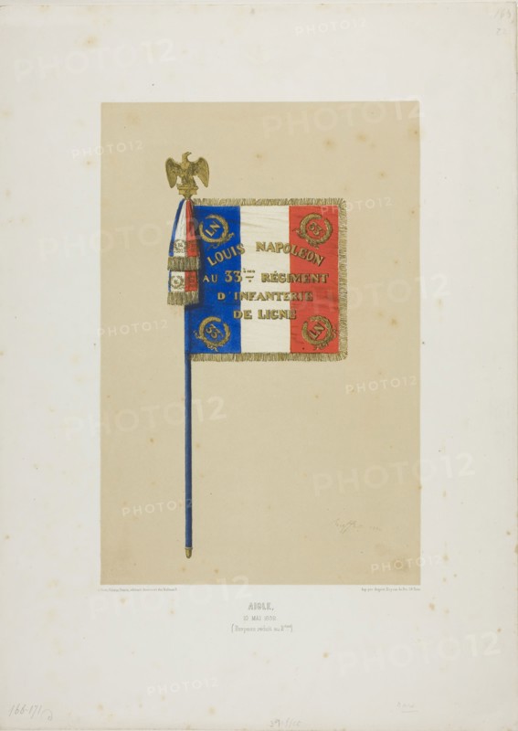 Standard: Louis Napoleon to the 33rd Infantry Line Regiment, May 10, 1852, Denis Auguste Marie Raffet (French, 1804-1860), printed by Auguste Bry (French, 19th century), published by Éditeur Ernest Bourdin (French, active 19th century), France, Color lithograph in fawn, red, blue, gold and black from multiple stones on ivory wove paper, 267 × 177 mm (image), 400 × 286 mm (sheet)