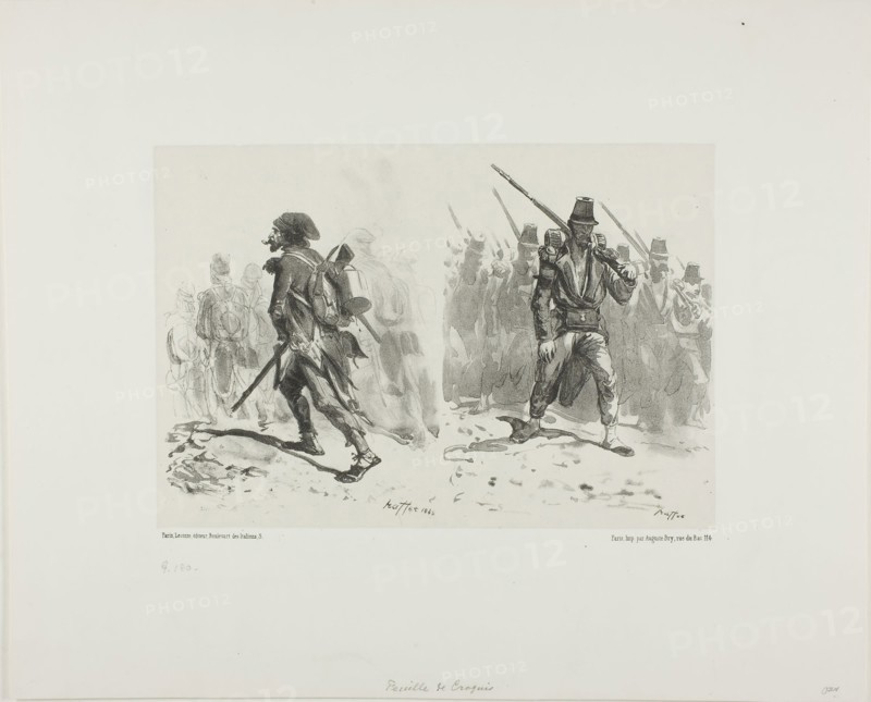 Sheet of Sketches, 1842, Denis Auguste Marie Raffet (French, 1804-1860), printed by Auguste Bry (French, 19th century), published by Éditeur Leconte (French, 19th century), France, Lithograph in black on gray chine laid down on off-white wove paper, 141 × 221 mm (image), 154 × 225 mm (primary support), 242 × 350 mm (secondary support)