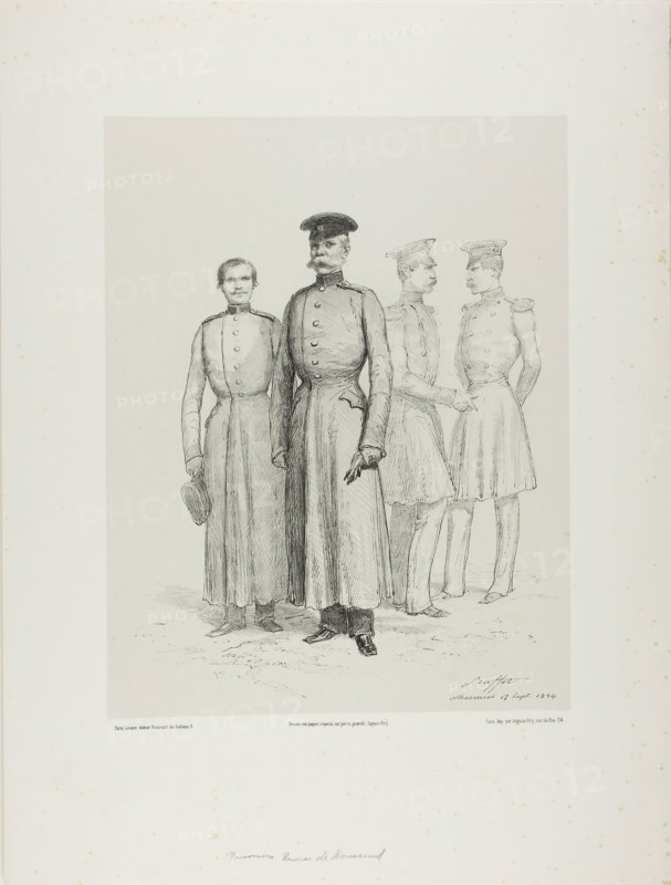 Russian Prisoners of Bomarsud, 1854, Denis Auguste Marie Raffet (French, 1804-1860), printed by Auguste Bry (French, 19th century), published by Éditeur Leconte (French, 19th century), France, Lithograph in black on gray chine laid down on ivory wove paper, 251 × 231 mm (image), 309 × 240 mm (primary support), 457 × 347 mm (secondary support)