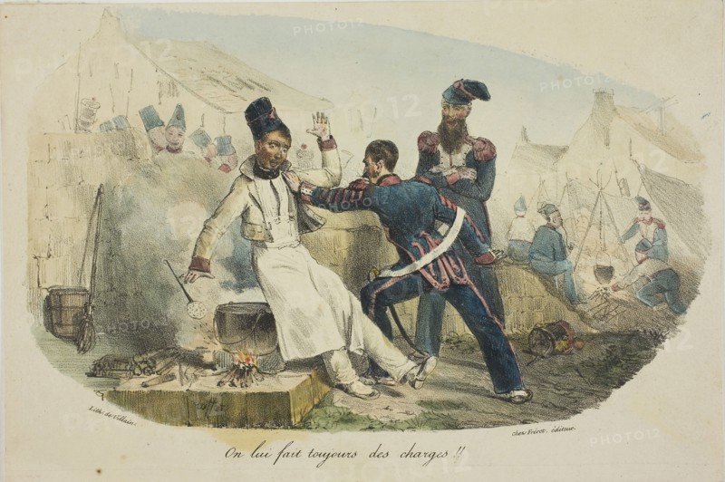 On lui Fait Toujours des Charges!!, 1827, Denis Auguste Marie Raffet (French, 1804-1860), printed by François le Villain (French, active 19th century), published by Éditeur Chez Frérot (French, active 19th century), France, Lithograph in black with hand-coloring on cream wove paper, 152 × 238 mm (image, including stray marks), 165 × 246 mm (sheet)