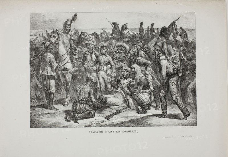 Desert March, 1826, Denis Auguste Marie Raffet (French, 1804-1860), printed by François le Villain (French, active 19th century), published by Chez Decrouan (French, act. 19th century), France, Lithograph in black on ivory wove paper, 212 × 306 mm (image), 294 × 419 mm (sheet)