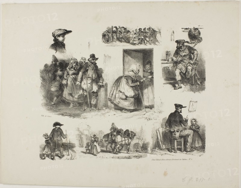 Sheet of Sketches, 1828, Denis Auguste Marie Raffet (French, 1804-1860), published by Chez Gihaut Frères (French, 19th century), printed by François le Villain (French, active 19th century), France, Lithograph in black on ivory wove paper, 247 × 200 mm (image, including all images), 277 × 356 mm (sheet)