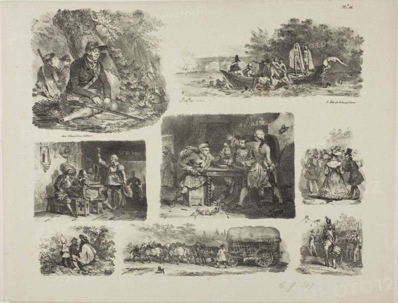 Sheet of Sketches, 1829, Denis Auguste Marie Raffet (French, 1804-1860), published by Chez Gihaut Frères (French, 19th century), France, Lithograph in black on ivory wove paper, 236 × 295 mm (image), 267 × 349 mm (sheet)