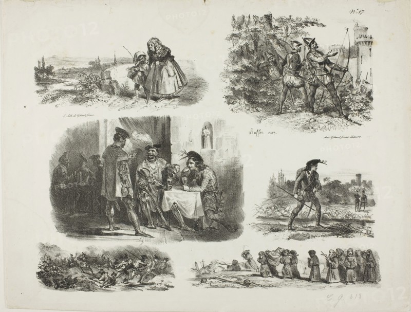 Sheet of Sketches, 1829, Denis Auguste Marie Raffet (French, 1804-1860), printed by Chez Gihaut Frères (French, 19th century), France, Lithograph in black on ivory wove paper, 241 × 298 mm (image), 268 × 351 mm (sheet)