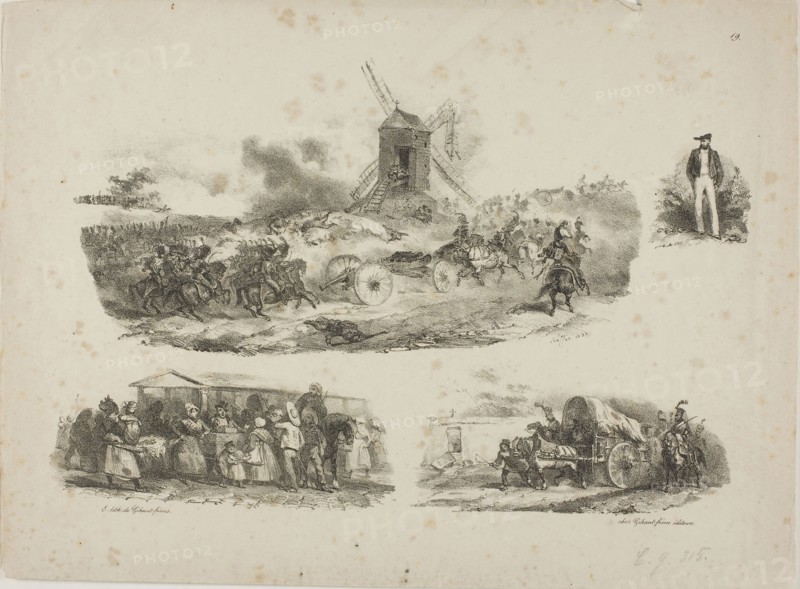 Sheet of Sketches, 1829, Denis Auguste Marie Raffet (French, 1804-1860), published by Chez Gihaut Frères (French, 19th century), France, Lithograph in black on ivory wove paper, 195 × 301 mm (image), 253 × 342 mm (sheet)