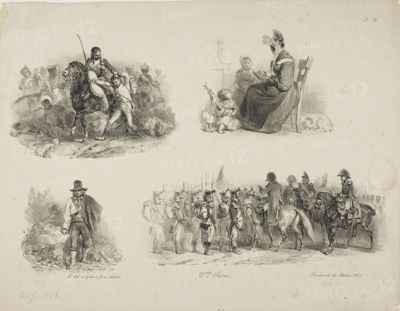 Sheet of Sketches, 1829–30, Denis Auguste Marie Raffet (French, 1804-1860), printed by Chez Gihaut Frères (French, 19th century), France, Lithograph in black on ivory wove paper, 212 × 331 mm (image), 257 × 358 mm (sheet)