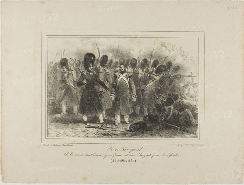 Je n’tire pas! Si la cause était bonne, y n’faudrait pas d’argent pour la défendre. 28 Juillet 1830, 1831, Denis Auguste Marie Raffet (French, 1804-1860), printed by Chez Gihaut Frères (French, 19th century), France, Lithograph on ivory wove paper, 151 × 228 mm (image, to first border), 278 × 370 mm (sheet)