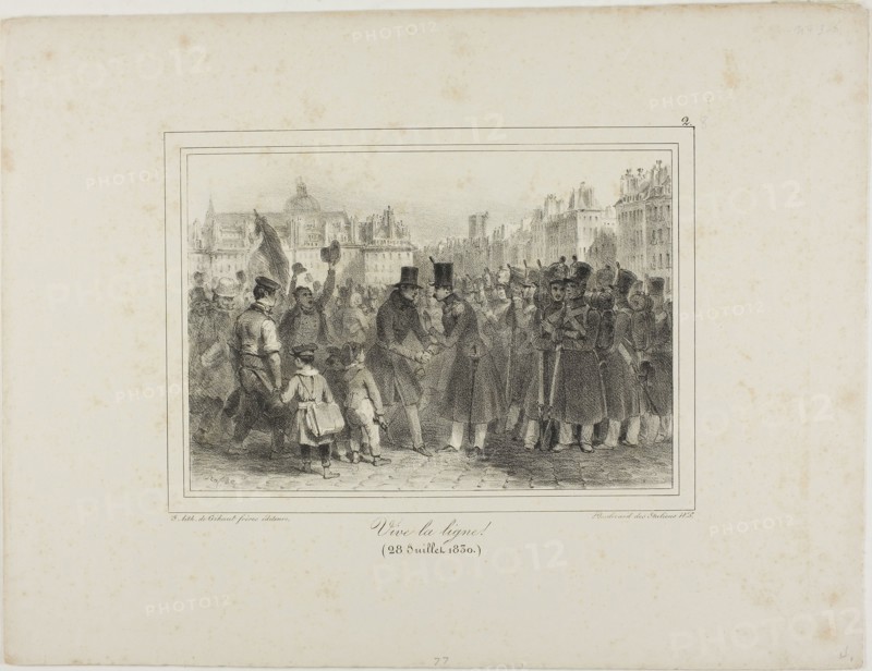 Long Life to the Troops!, July 28, 1830, Denis Auguste Marie Raffet (French, 1804-1860), printed by Chez Gihaut Frères (French, 19th century), France, Lithograph in black on ivory wove paper, 142 × 204 mm (image), 280 × 365 mm (sheet)