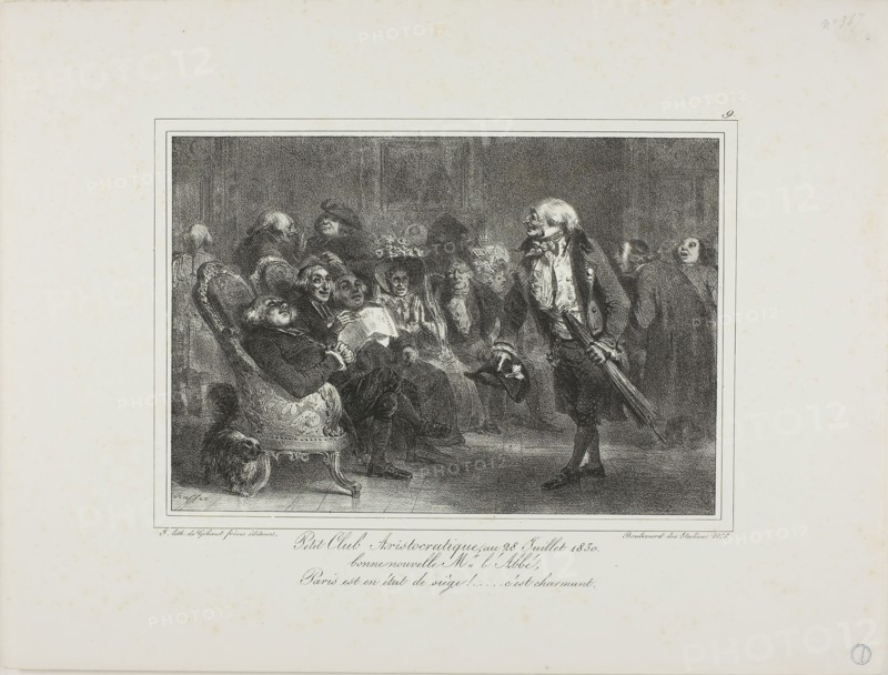 Little Aristocratic Club, July 28, 1830, 1831, Denis Auguste Marie Raffet (French, 1804-1860), printed by Chez Gihaut Frères (French, 19th century), France, Lithograph in black on ivory wove paper, 152 × 221 mm (image), 272 × 358 mm (sheet)